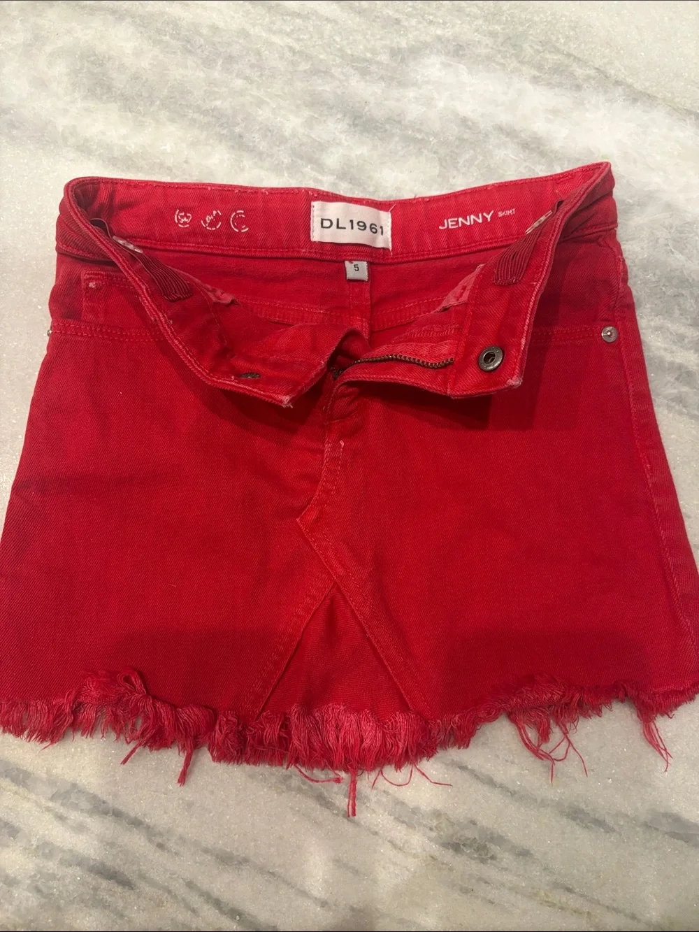 DL1961 Jenny Frayed Red Denim Skirt